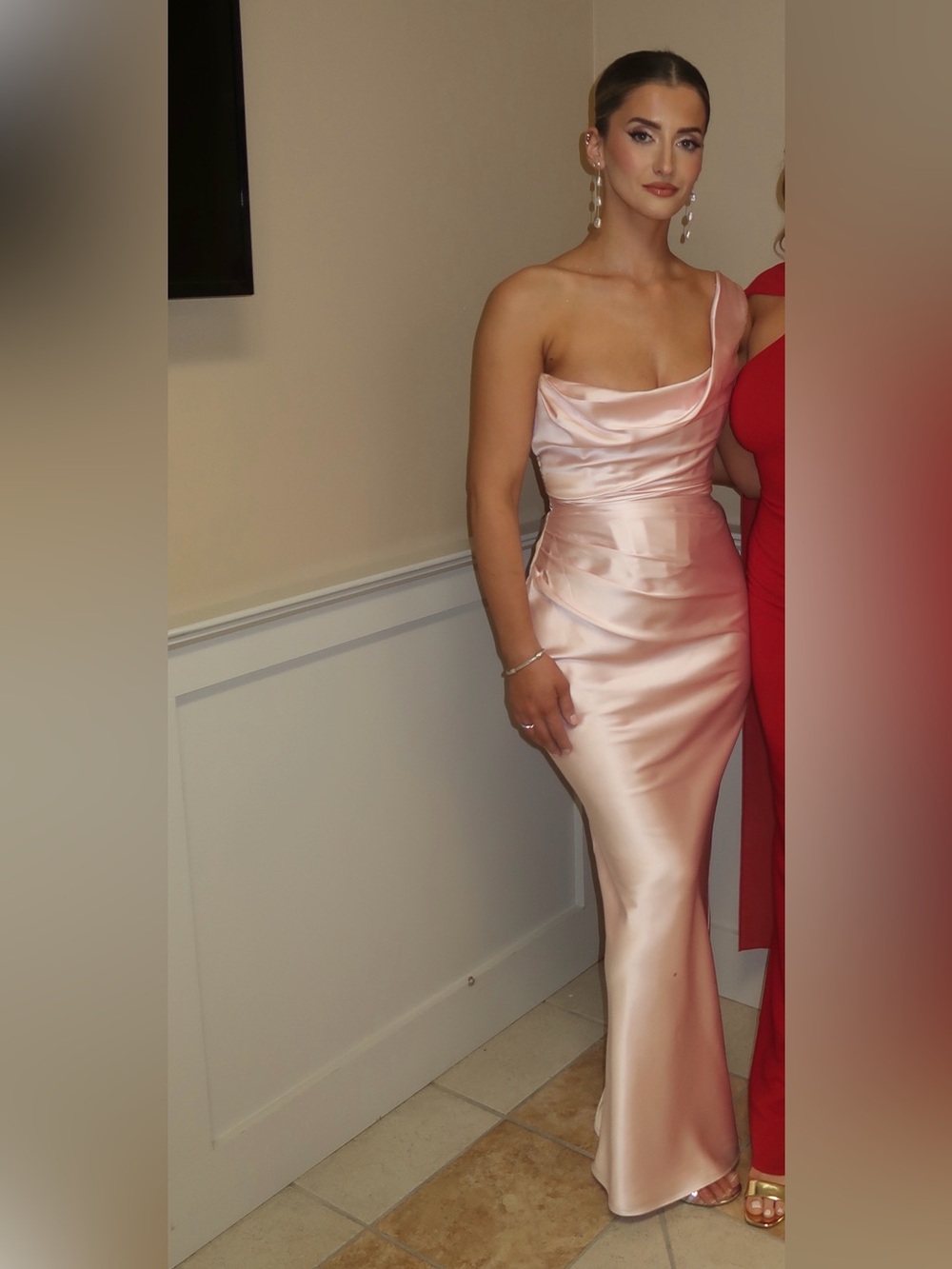 One-Shoulder Blush Satin Maxi Dress